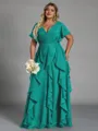 Delicate A-line V-Neck Short Sleeves Ruffles Floor-Length Chiffon Corset Plus Size Bridesmaid Dress