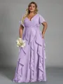 Delicate A-line V-Neck Short Sleeves Ruffles Floor-Length Chiffon Corset Plus Size Bridesmaid Dress