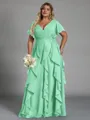 Delicate A-line V-Neck Short Sleeves Ruffles Floor-Length Chiffon Corset Plus Size Bridesmaid Dress