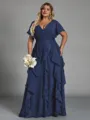Delicate A-line V-Neck Short Sleeves Ruffles Floor-Length Chiffon Corset Plus Size Bridesmaid Dress