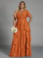 Delicate A-line V-Neck Short Sleeves Ruffles Floor-Length Chiffon Corset Plus Size Bridesmaid Dress