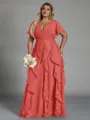 Delicate A-line V-Neck Short Sleeves Ruffles Floor-Length Chiffon Corset Plus Size Bridesmaid Dress