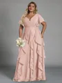 Delicate A-line V-Neck Short Sleeves Ruffles Floor-Length Chiffon Corset Plus Size Bridesmaid Dress
