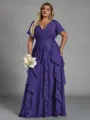 Delicate A-line V-Neck Short Sleeves Ruffles Floor-Length Chiffon Corset Plus Size Bridesmaid Dress