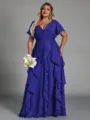 Delicate A-line V-Neck Short Sleeves Ruffles Floor-Length Chiffon Corset Plus Size Bridesmaid Dress