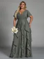 Delicate A-line V-Neck Short Sleeves Ruffles Floor-Length Chiffon Corset Plus Size Bridesmaid Dress