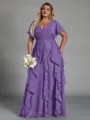 Delicate A-line V-Neck Short Sleeves Ruffles Floor-Length Chiffon Corset Plus Size Bridesmaid Dress