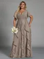 Delicate A-line V-Neck Short Sleeves Ruffles Floor-Length Chiffon Corset Plus Size Bridesmaid Dress