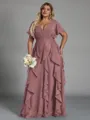 Delicate A-line V-Neck Short Sleeves Ruffles Floor-Length Chiffon Corset Plus Size Bridesmaid Dress