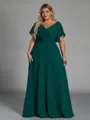 Gorgeous A-line V-Neck Short Sleeves Pleated Floor-Length Chiffon Corset Plus Size Bridesmaid Dress