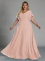 Gorgeous A-line V-Neck Short Sleeves Pleated Floor-Length Chiffon Corset Plus Size Bridesmaid Dress