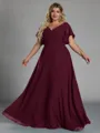 Gorgeous A-line V-Neck Short Sleeves Pleated Floor-Length Chiffon Corset Plus Size Bridesmaid Dress