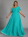 Gorgeous A-line V-Neck Short Sleeves Pleated Floor-Length Chiffon Corset Plus Size Bridesmaid Dress