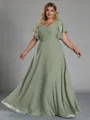 Gorgeous A-line V-Neck Short Sleeves Pleated Floor-Length Chiffon Corset Plus Size Bridesmaid Dress