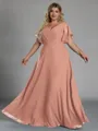 Gorgeous A-line V-Neck Short Sleeves Pleated Floor-Length Chiffon Corset Plus Size Bridesmaid Dress