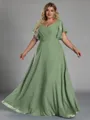 Gorgeous A-line V-Neck Short Sleeves Pleated Floor-Length Chiffon Corset Plus Size Bridesmaid Dress