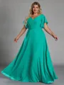 Gorgeous A-line V-Neck Short Sleeves Pleated Floor-Length Chiffon Corset Plus Size Bridesmaid Dress