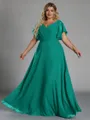 Gorgeous A-line V-Neck Short Sleeves Pleated Floor-Length Chiffon Corset Plus Size Bridesmaid Dress