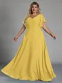Gorgeous A-line V-Neck Short Sleeves Pleated Floor-Length Chiffon Corset Plus Size Bridesmaid Dress