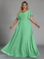 Gorgeous A-line V-Neck Short Sleeves Pleated Floor-Length Chiffon Corset Plus Size Bridesmaid Dress