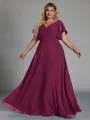 Gorgeous A-line V-Neck Short Sleeves Pleated Floor-Length Chiffon Corset Plus Size Bridesmaid Dress