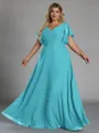 Gorgeous A-line V-Neck Short Sleeves Pleated Floor-Length Chiffon Corset Plus Size Bridesmaid Dress