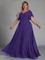 Gorgeous A-line V-Neck Short Sleeves Pleated Floor-Length Chiffon Corset Plus Size Bridesmaid Dress