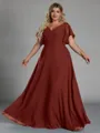 Gorgeous A-line V-Neck Short Sleeves Pleated Floor-Length Chiffon Corset Plus Size Bridesmaid Dress