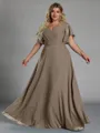 Gorgeous A-line V-Neck Short Sleeves Pleated Floor-Length Chiffon Corset Plus Size Bridesmaid Dress