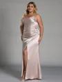 Unique Sheath Spaghetti Straps Pleated Floor-Length Silk Like Satin Plus Size Bridesmaid Dress