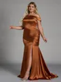 Stunning Sheath Off-the-Shoulder Pleated Sweep Train Silk Like Satin Corset Plus Size Bridesmaid Dress