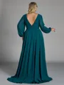 Opulent A-line V-Neck Long Sleeves Pleated Sweep Train Chiffon Corset Plus Size Bridesmaid Dress