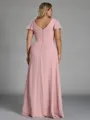 Enchanting A-line V-Neck Short Sleeves Pleated Floor-Length Chiffon Corset Plus Size Bridesmaid Dress