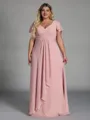 Enchanting A-line V-Neck Short Sleeves Pleated Floor-Length Chiffon Corset Plus Size Bridesmaid Dress