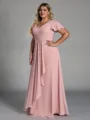 Enchanting A-line V-Neck Short Sleeves Pleated Floor-Length Chiffon Corset Plus Size Bridesmaid Dress
