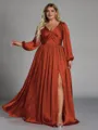 Stunning A-line V-Neck Long Sleeves Pleated Floor-Length Satin Chiffon Plus Size Bridesmaid Dress