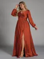 Stunning A-line V-Neck Long Sleeves Pleated Floor-Length Satin Chiffon Plus Size Bridesmaid Dress
