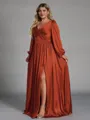 Stunning A-line V-Neck Long Sleeves Pleated Floor-Length Satin Chiffon Plus Size Bridesmaid Dress