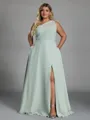 Trendy A-line One-Shoulder Pleated Floor-Length Chiffon Plus Size Bridesmaid Dress