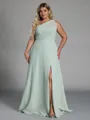 Trendy A-line One-Shoulder Pleated Floor-Length Chiffon Plus Size Bridesmaid Dress