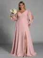 Glamorous A-line V-Neck Long Sleeves Bow Floor-Length Chiffon Plus Size Bridesmaid Dress