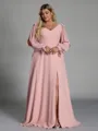 Glamorous A-line V-Neck Long Sleeves Bow Floor-Length Chiffon Plus Size Bridesmaid Dress