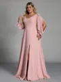 Glamorous A-line V-Neck Long Sleeves Bow Floor-Length Chiffon Plus Size Bridesmaid Dress