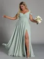 Charming A-line Cold Shoulder Pleated Floor-Length Chiffon Corset Plus Size Bridesmaid Dress