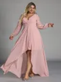 Hot A-line V-Neck Long Sleeves Pleated Asymmetrical Chiffon Plus Size Bridesmaid Dress