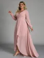 Hot A-line V-Neck Long Sleeves Pleated Asymmetrical Chiffon Plus Size Bridesmaid Dress