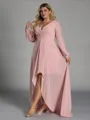 Hot A-line V-Neck Long Sleeves Pleated Asymmetrical Chiffon Plus Size Bridesmaid Dress