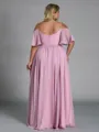 Charming A-line Cold Shoulder Short Sleeves Pleated Floor-Length Chiffon Plus Size Bridesmaid Dress