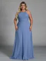 Magnificent A-line Halter Pleated Floor-Length Chiffon Corset Plus Size Bridesmaid Dress