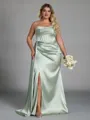 Glamorous Sheath Pleated Floor-Length Silk Like Satin Corset Convertible Plus Size Bridesmaid Dress